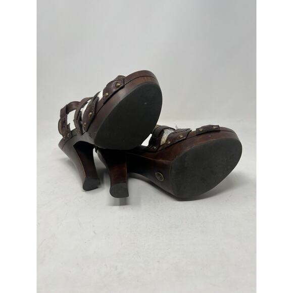 FRYE Brown Leather Dara T Strap Sandals Wooden Heels Sz 8.5 M Ankle Strap Boho - Picture 6 of 9